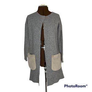 NWT Grey Hip Length Wool Blend Knit Cardigan with Faux Fur Pockets